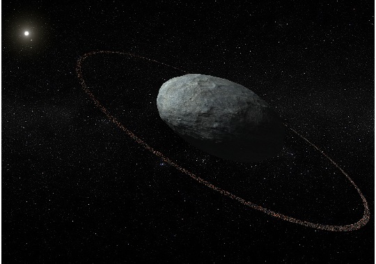 Esta imatge mostra la concepció artística d’Haumea amb les proporcions correctes del cos principal i de l’anell.